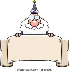 A cartoon wizard with a paper banner.