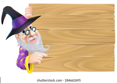 A cartoon wizard pointing a finger at a blank wood sign