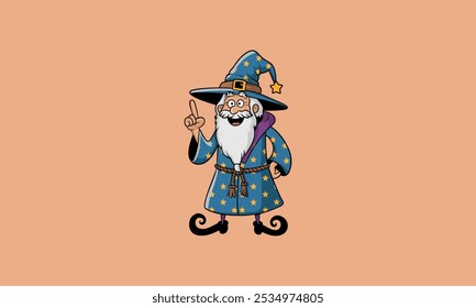 Cartoon wizard with a pointy hat and starry robe smiling.