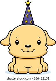 A cartoon wizard puppy smiling.