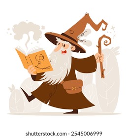 Cartoon Wizard Reading Magic Spellbook. Whimsical cartoon of a wizard with a tall hat, holding a magic spellbook and staff, casting a spell against a forest background.