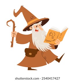 Cartoon Wizard Reading Spellbook Illustration. Playful cartoon illustration of a wizard with a long beard, reading a spellbook and holding a wooden staff, isolated on white.