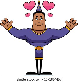 A cartoon wizard ready to give a hug.