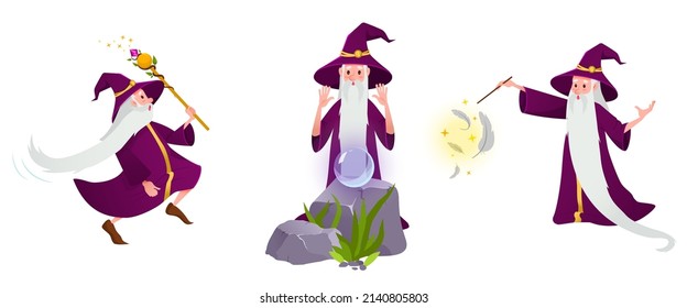 Cartoon wizard set. A magical character with a long gray beard and a hat in different situations and poses. The wizard conjures, runs, looks into the magic ball. Vector isolated.