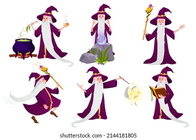 Cartoon wizard set. A magical character with a long gray beard and a hat in different situations and poses. The wizard conjures, brews a potion, runs, reads a magic book, greets. Vector illustration.