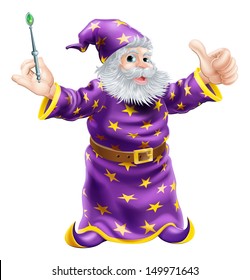 A cartoon wizard or sorcerer holding a wand and giving a happy thumbs up