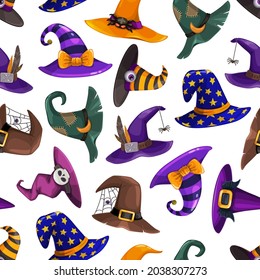 Cartoon wizard, sorcerer and witch hats seamless pattern. Halloween vector background, fairytale hats and caps wallpaper or wrapping paper print with eyeball, spider web and skull, feather, buckle