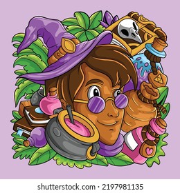 Cartoon wizard with spell and potion at nature