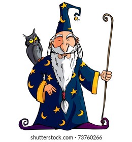 Cartoon Wizard with a staff. He has an owl on his shoulder