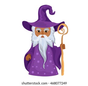 Cartoon Wizard with staff. Isolated on white background.