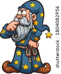 Cartoon wizard thinking hard with finger at his mouth. Vector clip art illustration. All on a single layer.

