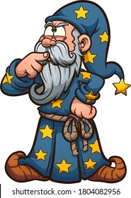 Cartoon wizard thinking hard with finger at his mouth. Vector clip art illustration. All on a single layer.
