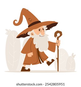 Cartoon Wizard Walking with Staff Illustration. Whimsical cartoon illustration of a friendly wizard with a long beard and hat, walking with a staff against a simple background.