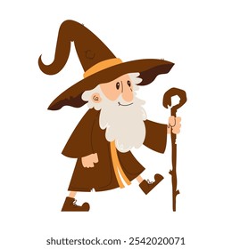 Cartoon Wizard Walking with Wooden Staff. Playful cartoon illustration of an elderly wizard with a large hat and staff, taking a step forward with a cheerful expression.