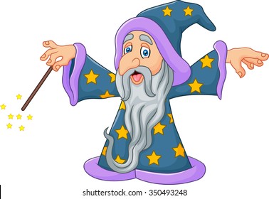 Cartoon wizard is waving his magic wand isolated on white background