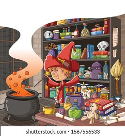 Cartoon wizard working on magic potion in boiling cauldron. Sorcerer using magic spells on alchemy lab.
