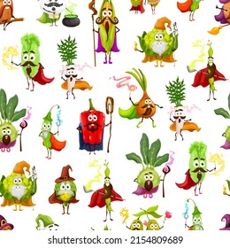 Cartoon wizards and mages vegetable characters seamless pattern, vector background. Fairy vegetables as magician and warlocks, corn, bean or olive and artichoke with magic wands and wizard capes
