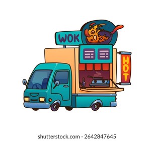 Cartoon wok food truck car, festival street foodtruck van, vintage festival catering mobile booth features giant takeout noodle box with chopsticks on top. Vector retro cafe represents Asian cuisine
