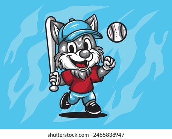 CARTOON WOLF BASEBALL VECTOR ILLUSTRATION