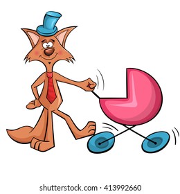 Cartoon wolf in blue hat shakes child stroller.