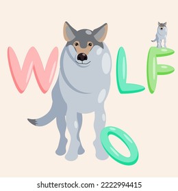 A cartoon wolf character of an educational nature with the name of the animal. Isolated vector illustration.