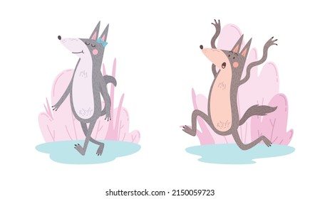 Cartoon wolf character set with happy female and scared male animals walking and running away isolated vector illustration
