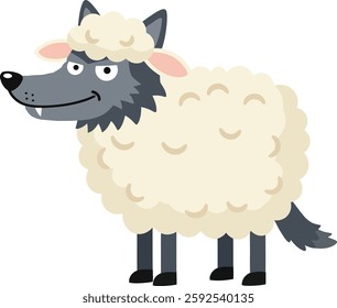 A cartoon wolf cleverly dressed in fluffy sheeps wool stands with a sly smile, capturing a playful and humorous atmosphere in a vibrant setting.