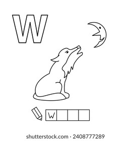 Cartoon wolf coloring pages. Learning game for small children - write a word in English language. Vector alphabet for kids