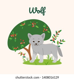 Cartoon wolf, cute character for children. Vector illustration in cartoon style.