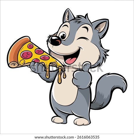 A cartoon wolf eating pizza vector, A cartoon wolf Character design vector illustration.