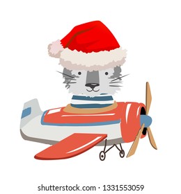 Cartoon wolf fly on a airplane. Image for children clothes, postcards.