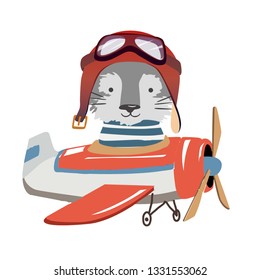 Cartoon wolf fly on a airplane. Image for children clothes, postcards.