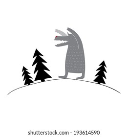 Cartoon wolf in the forest. Vector illustration
