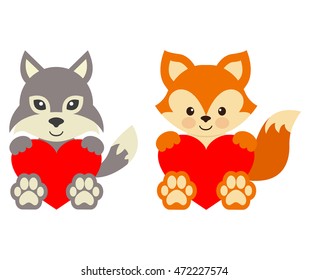 cartoon wolf and fox with heart