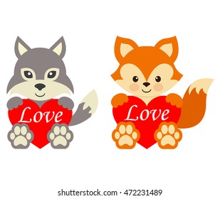 cartoon wolf and fox with heart and text
