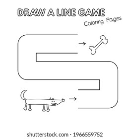 Cartoon wolf game for small children - draw a line. Vector coloring book pages for kids