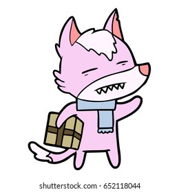 cartoon wolf with a gift