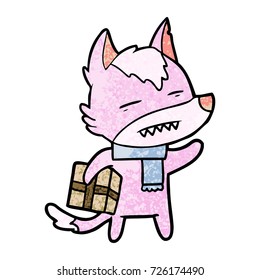 cartoon wolf with a gift