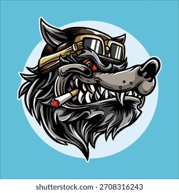 Cartoon cabeça de lobo com óculos e cigarro definido contra um fundo azul claro com elementos brancos
