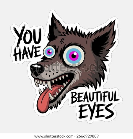 Cartoon wolf head sticker with crazy eyes and tongue out isolated on white background