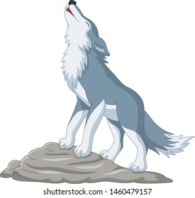 Cartoon wolf howling on the rock