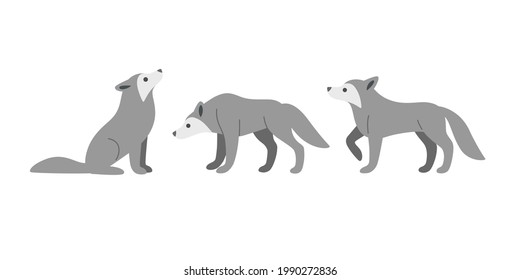 Cartoon wolf icon set. Cute animal character in different poses.