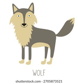 Ilustración de lobo de dibujos animados de pie con una expresión amistosa en blanco