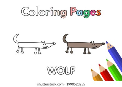 Cartoon wolf illustration. Vector coloring book pages for children