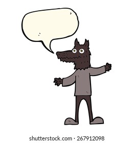 lobo de dibujos animados apuntando con burbuja de habla