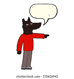cartoon wolf man pointing with speech bubble