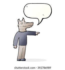cartoon wolf man pointing with speech bubble