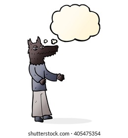 cartoon wolf man with thought bubble