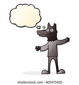 cartoon wolf man with thought bubble