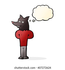 cartoon wolf man with thought bubble